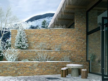 Terraza de residencia vacacional revestida con materiales de la serie Natur de Tercocer. Representación en 3D.